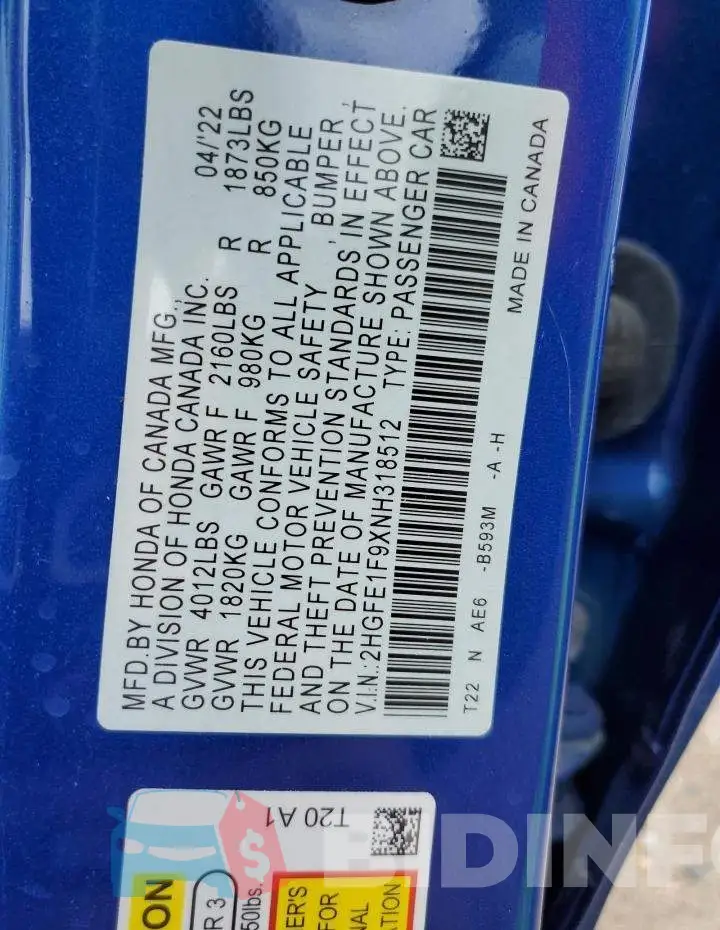 2HGFE1F9XNH318512 Photo# 12