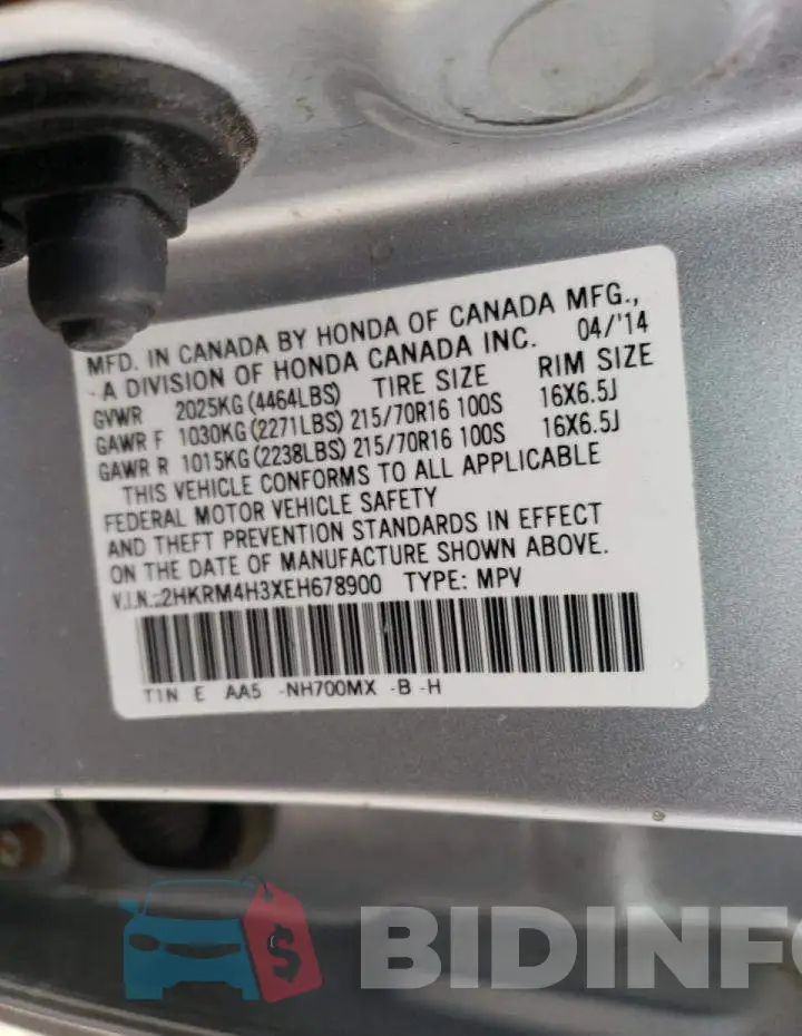 2HKRM4H3XEH678900 Photo# 10