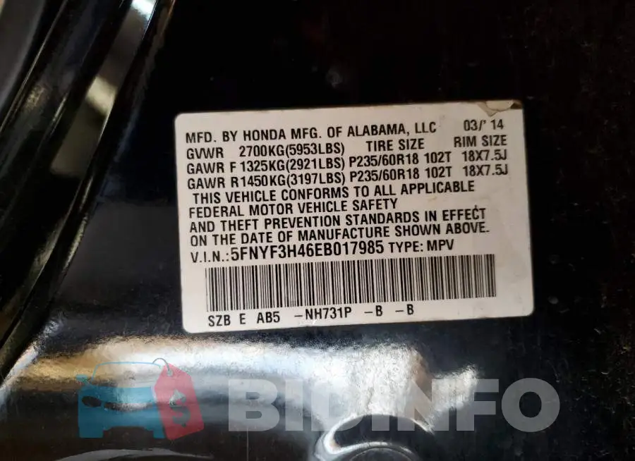 5FNYF3H46EB017985 Photo# 12