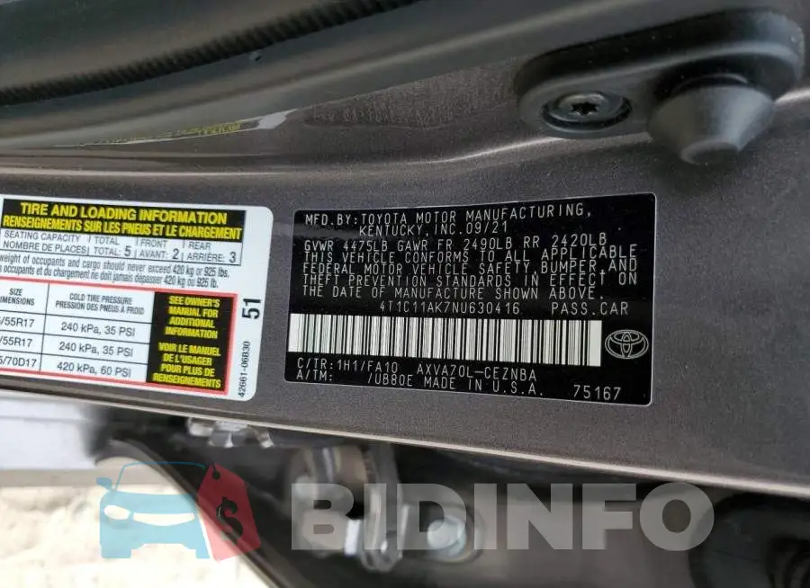 4T1C11AK7NU630416 Photo# 12
