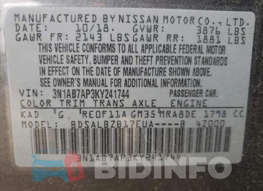 3N1AB7AP3KY241744 Photo# 12