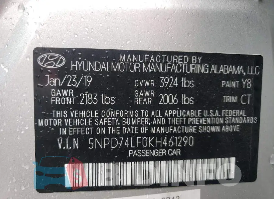 5NPD74LF0KH461290 Photo# 10
