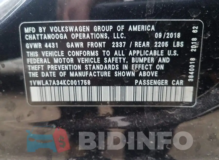 1VWLA7A34KC001758 Photo# 10