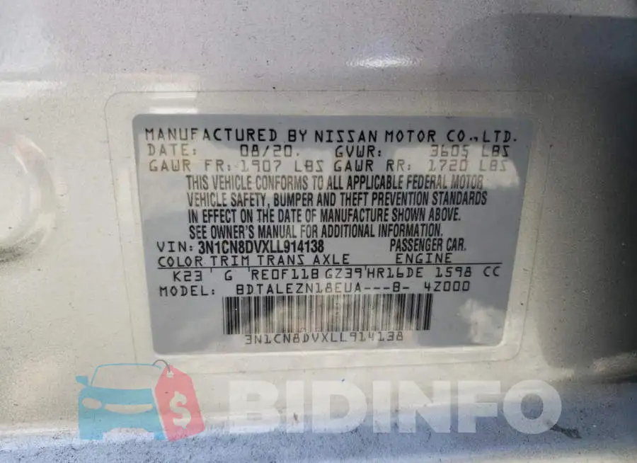 3N1CN8DVXLL914138 Photo# 12