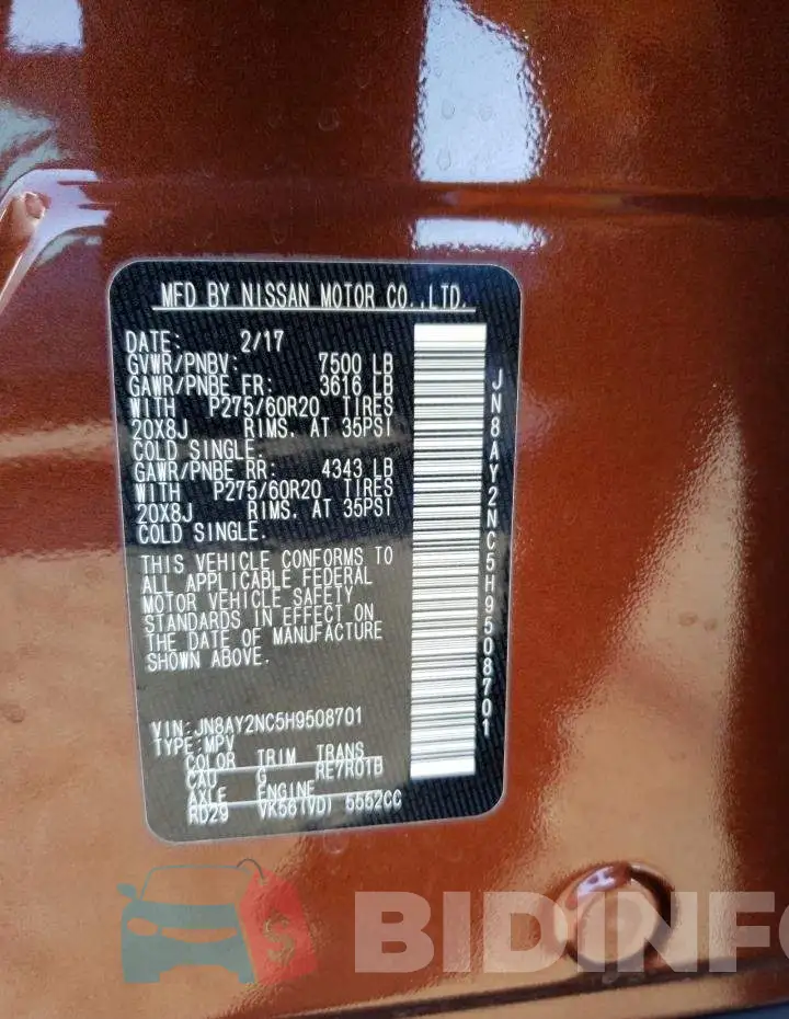 JN8AY2NC5H9508701 Photo# 13