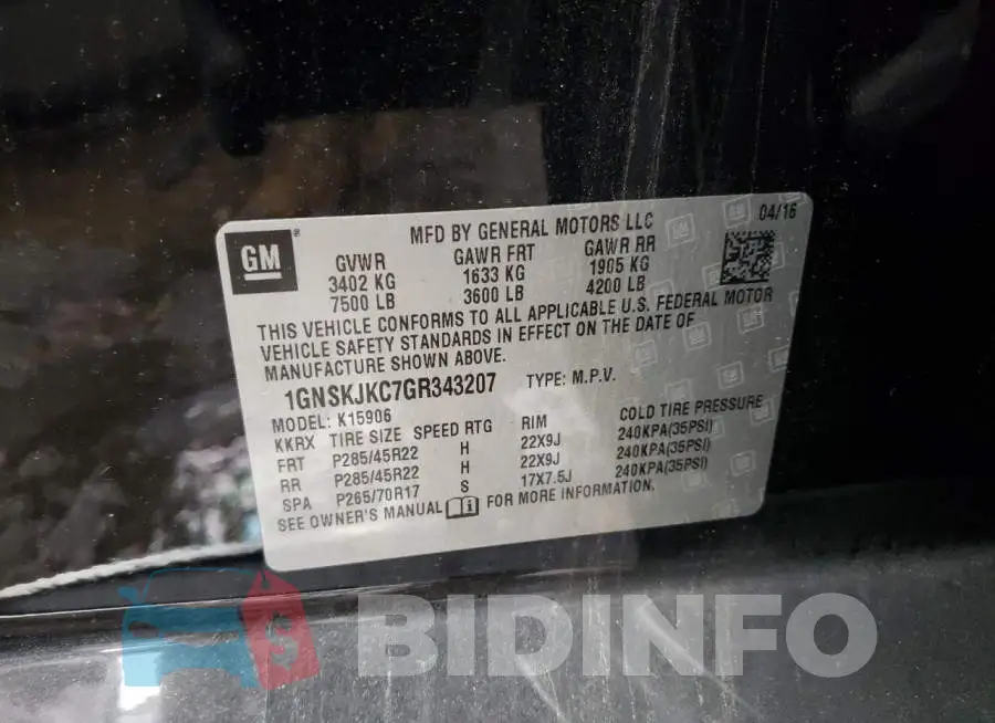 1GNSKJKC7GR343207 Photo# 10