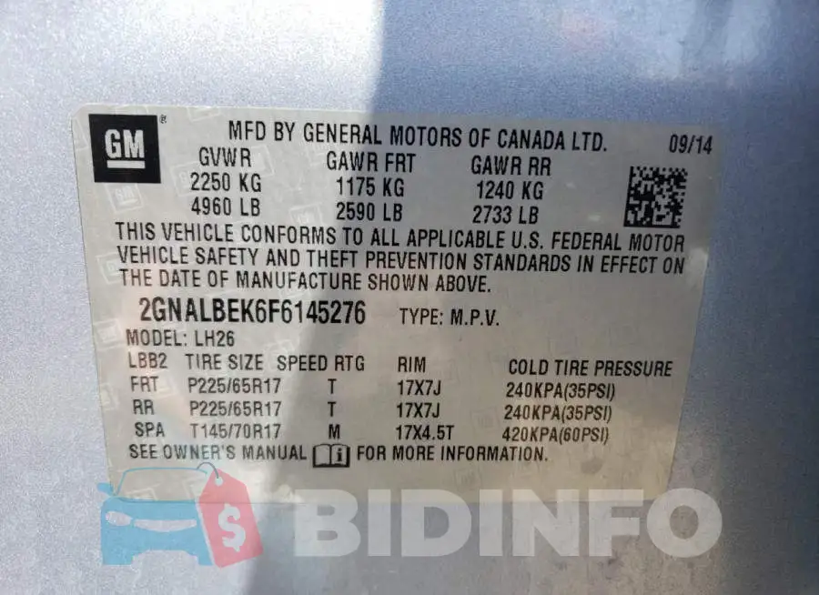 2GNALBEK6F6145276 Photo# 13