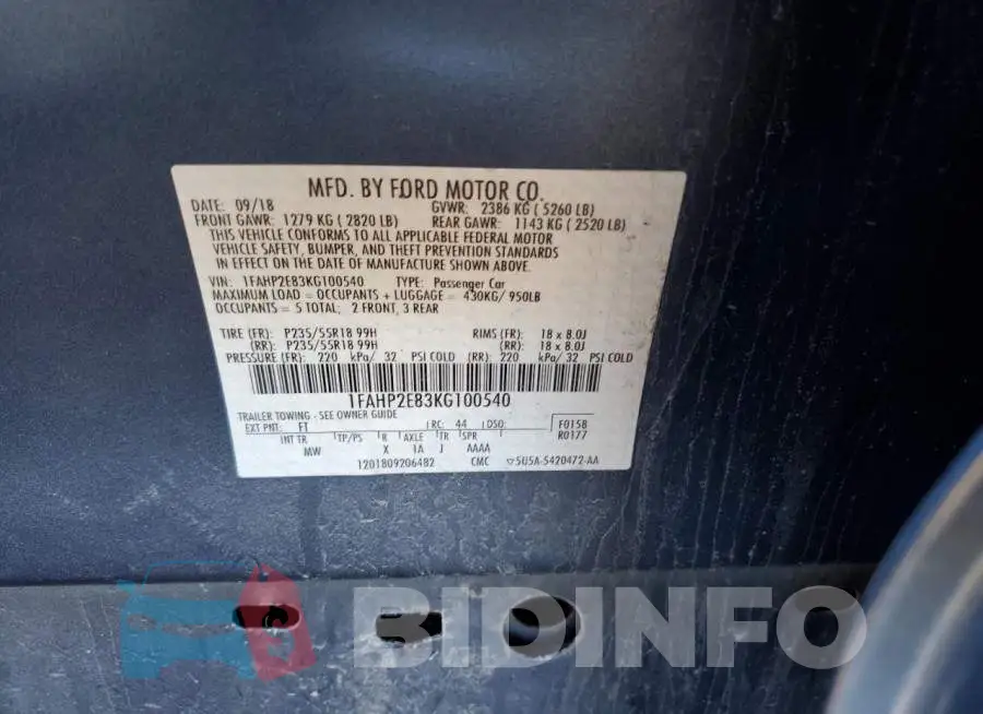1FAHP2E83KG100540 Photo# 12