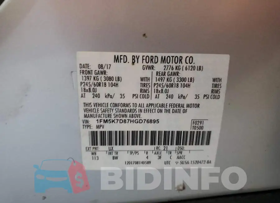 1FM5K7D87HGD76895 Photo# 14