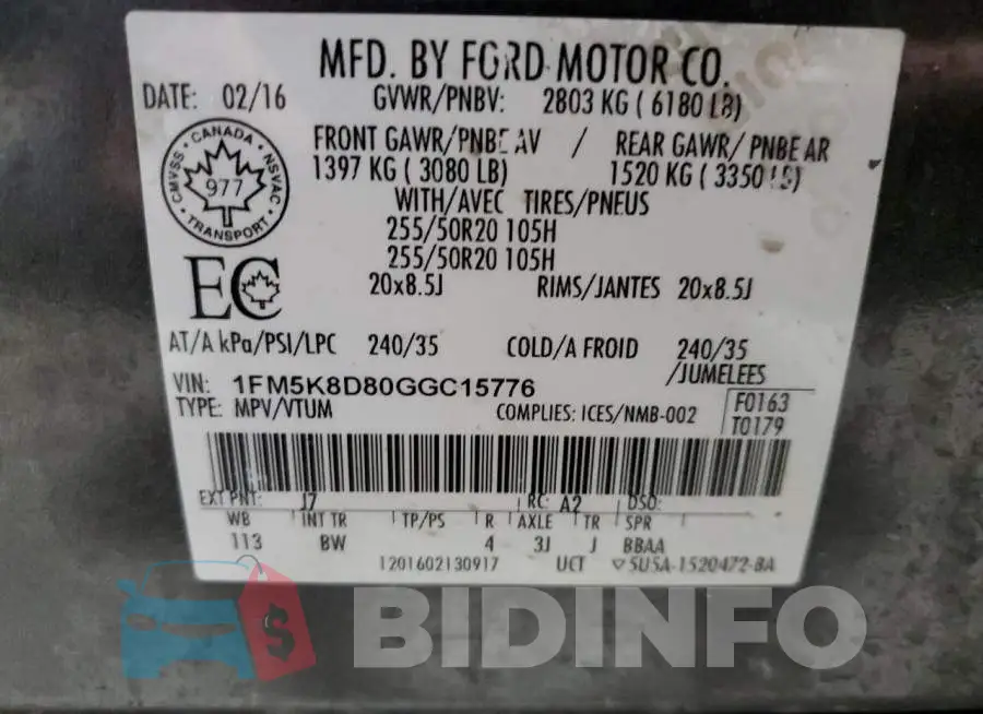 1FM5K8D80GGC15776 Photo# 13