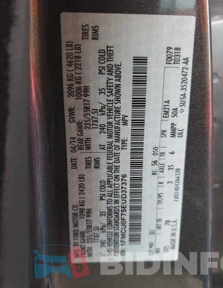 1FMCU0F75EUD37376 Photo# 13