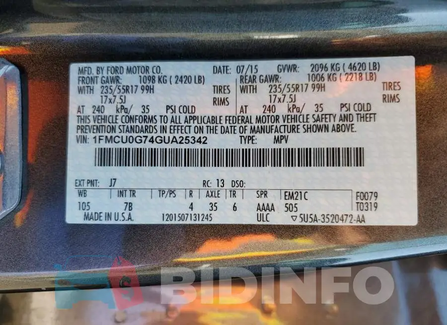 1FMCU0G74GUA25342 Photo# 13