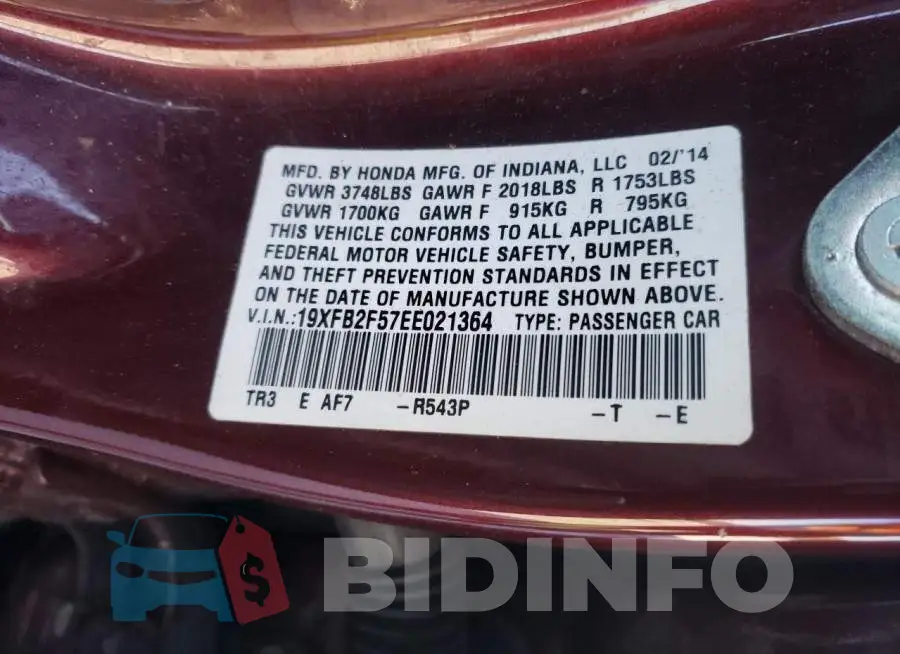 19XFB2F57EE021364 Photo# 13