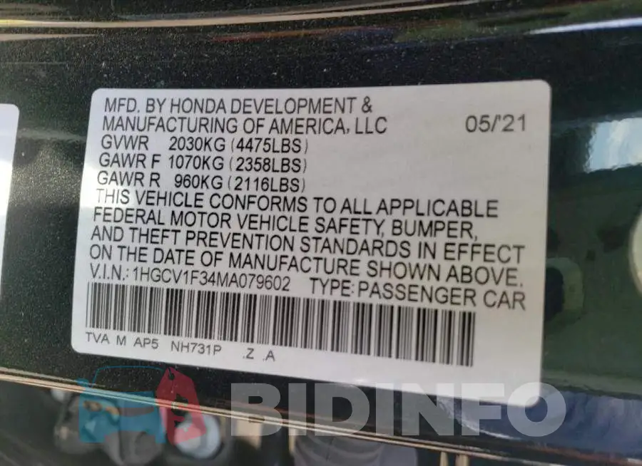 1HGCV1F34MA079602 Photo# 10