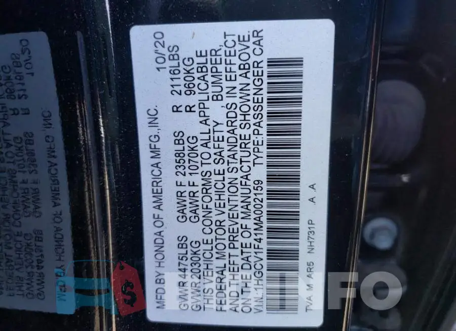 1HGCV1F41MA002159 Photo# 12