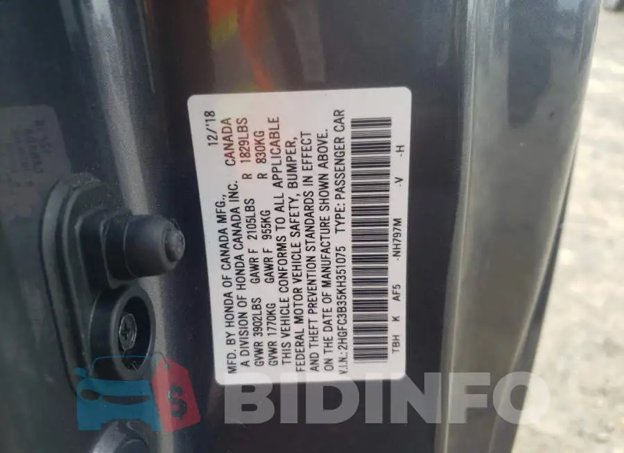 2HGFC3B35KH351075 Photo# 12