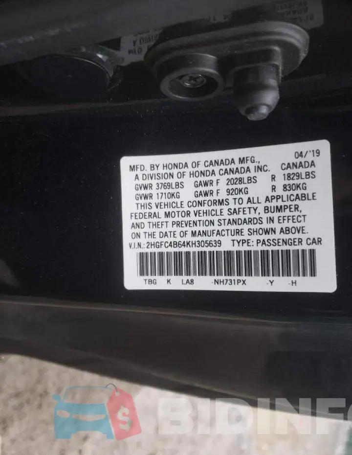 2HGFC4B64KH305639 Photo# 12