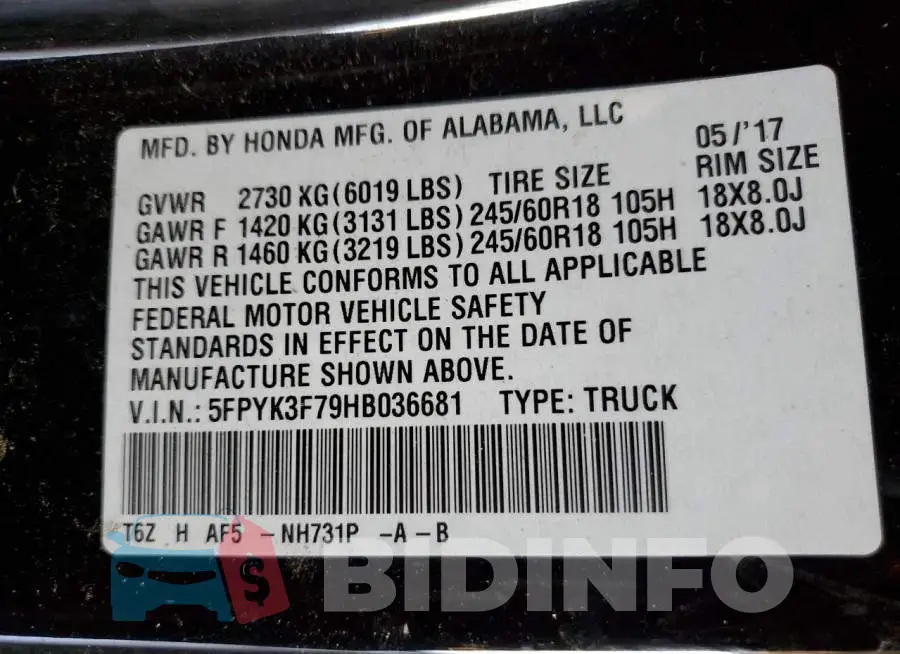 5FPYK3F79HB036681 Photo# 12