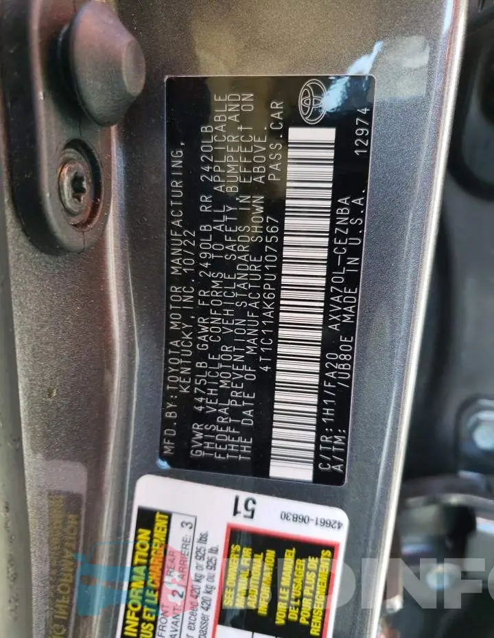 4T1C11AK6PU107567 Photo# 12