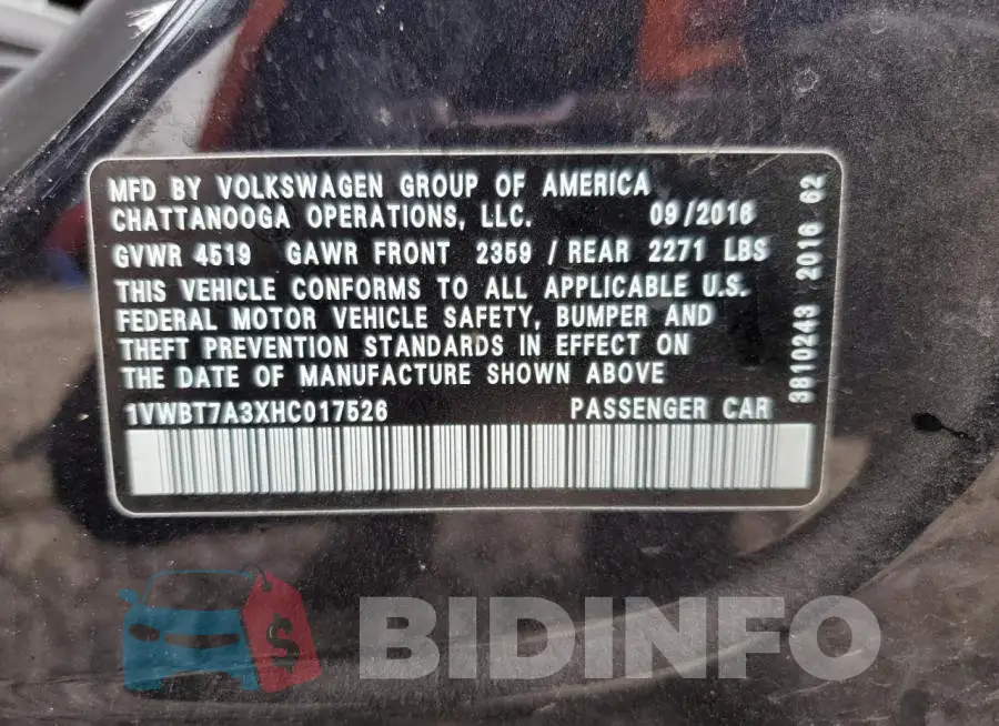 1VWBT7A3XHC017526 Photo# 12