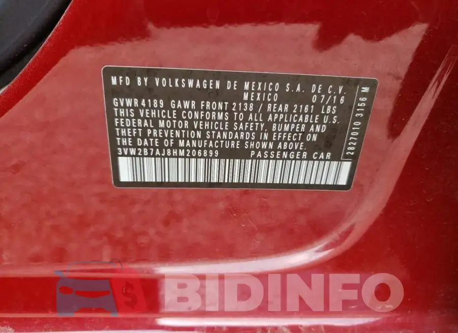 3VW2B7AJ8HM206899 Photo# 12