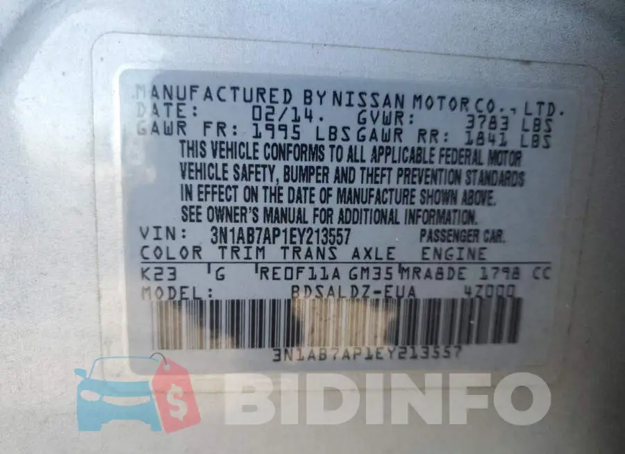3N1AB7AP1EY213557 Photo# 13