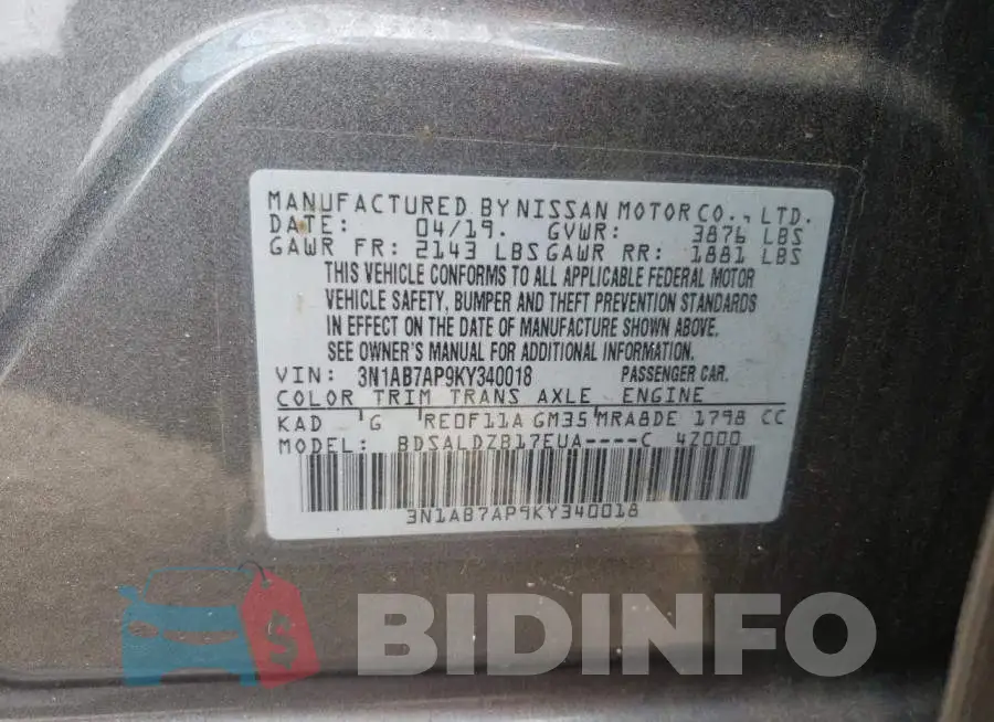 3N1AB7AP9KY340018 Photo# 12