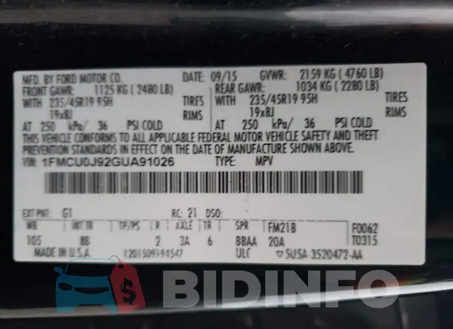 1FMCU0J92GUA91026 Photo# 12