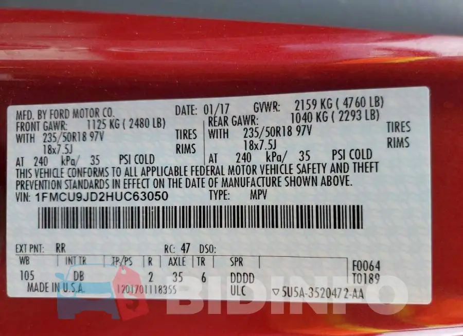 1FMCU9JD2HUC63050 Photo# 12