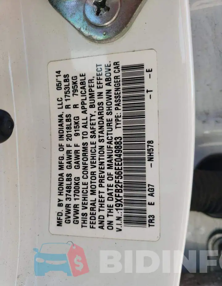 19XFB2F56EE049883 Photo# 13
