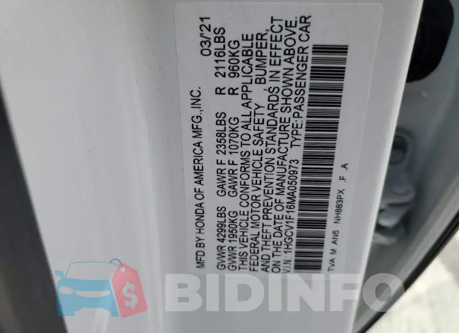 1HGCV1F16MA050973 Photo# 12