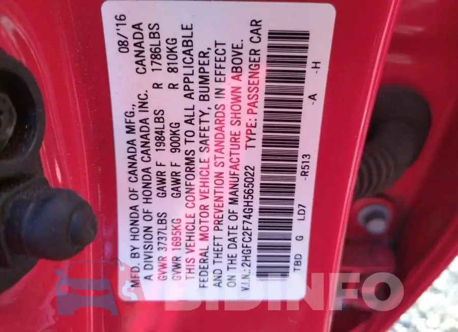2HGFC2F74GH565022 Photo# 12