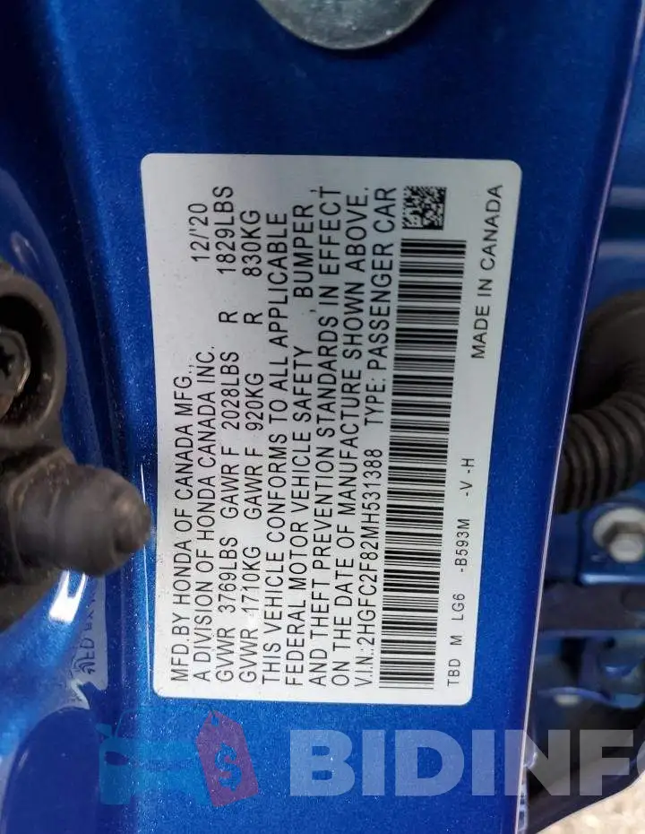 2HGFC2F82MH531388 Photo# 12