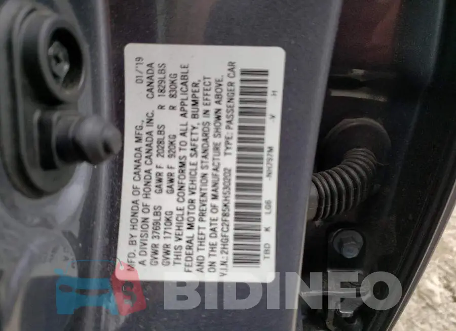 2HGFC2F85KH530202 Photo# 12