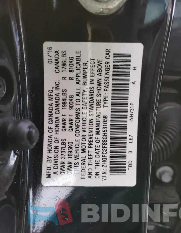 2HGFC2F88GH531058 Photo# 13