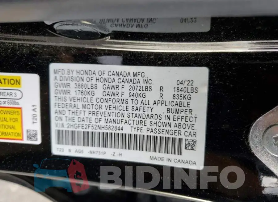 2HGFE2F52NH582844 Photo# 13