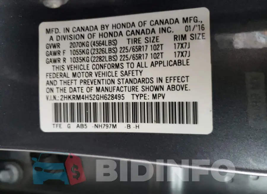 2HKRM4H52GH628495 Photo# 12