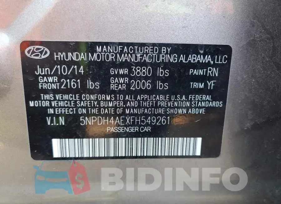 5NPDH4AEXFH549261 Photo# 12