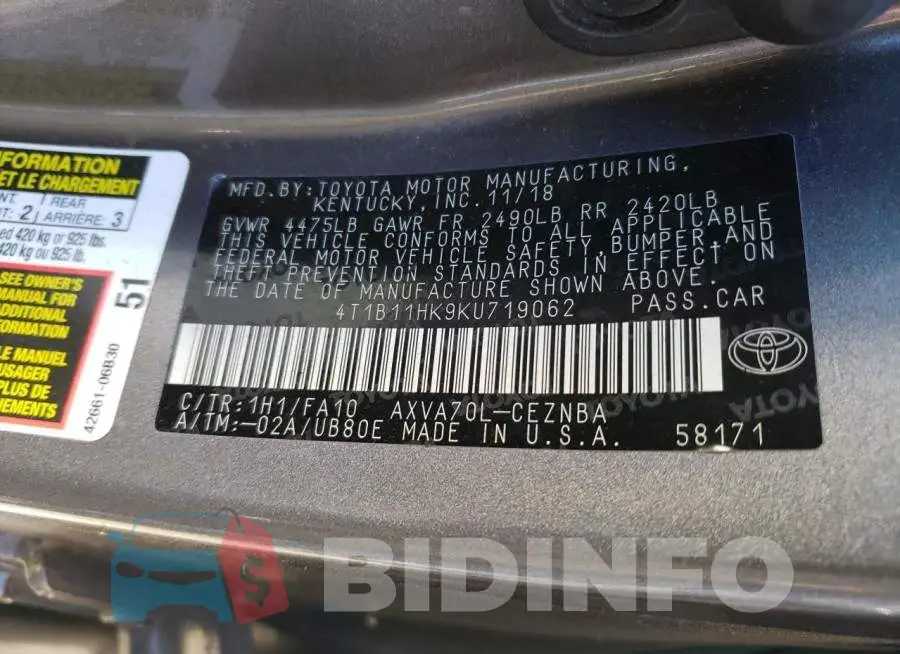 4T1B11HK9KU719062 Photo# 12