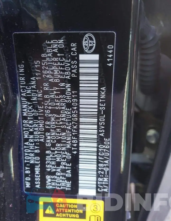 4T4BF1FK7GR540911 Photo# 12