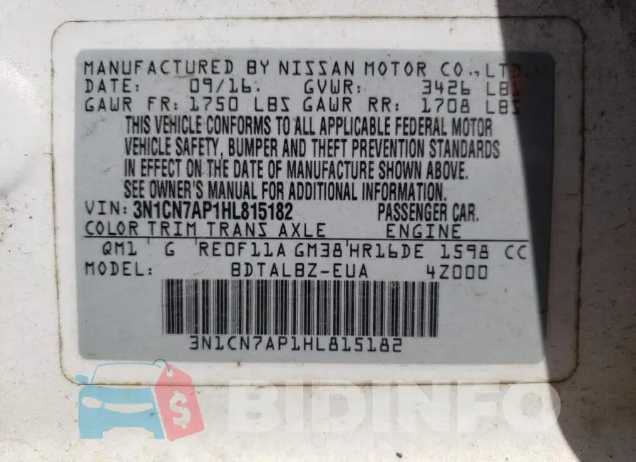 3N1CN7AP1HL815182 Photo# 12