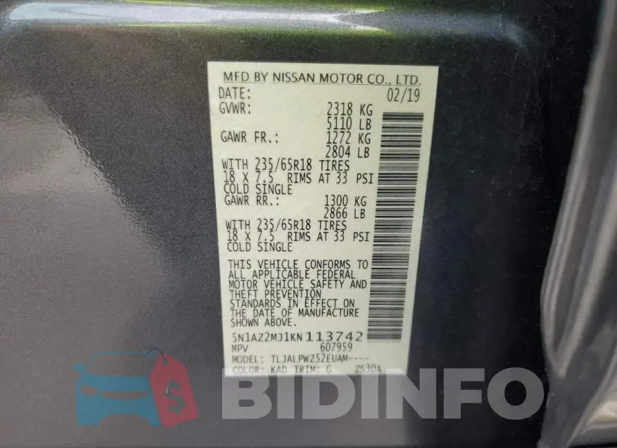 5N1AZ2MJ1KN113742 Photo# 12