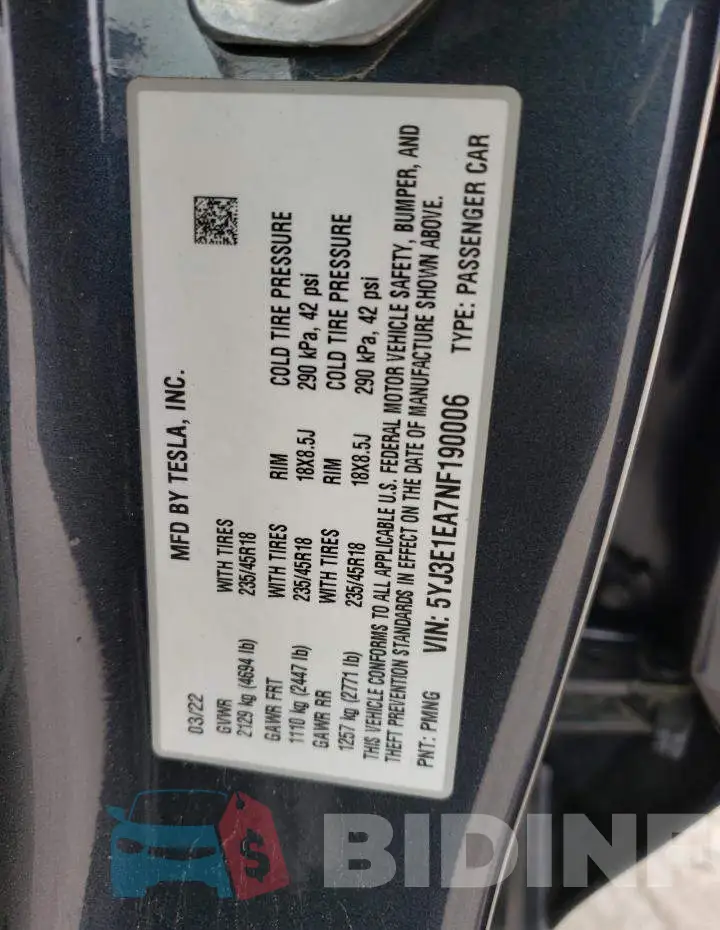 5YJ3E1EA7NF190006 Photo# 13