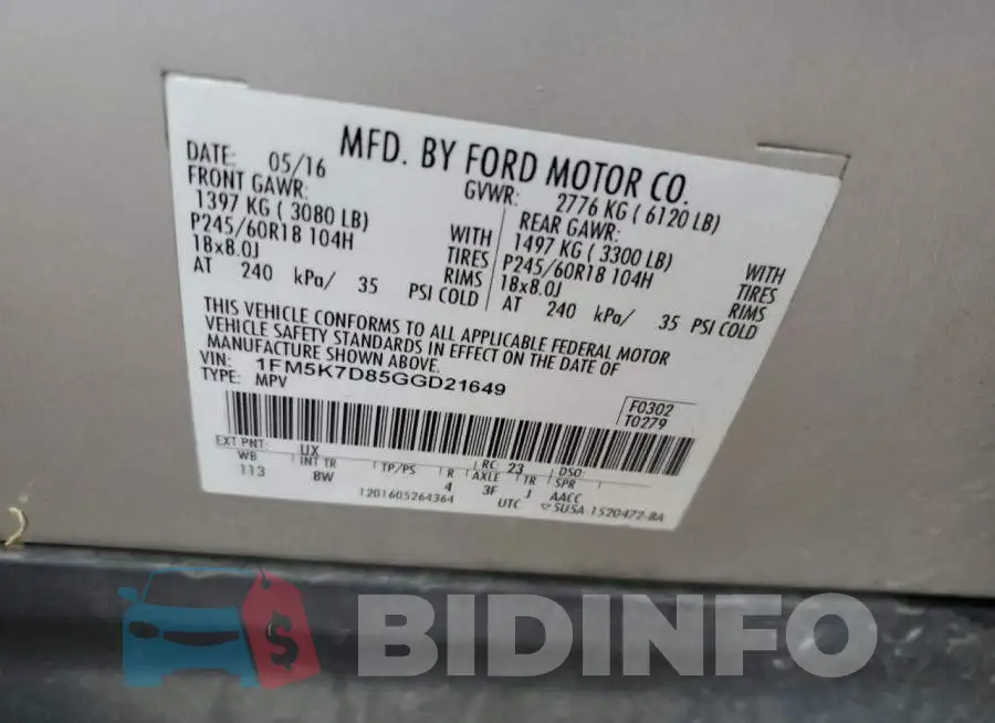 1FM5K7D85GGD21649 Photo# 13