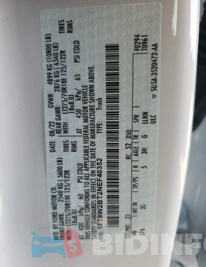1FT8W2BT2NEF40352 Photo# 13