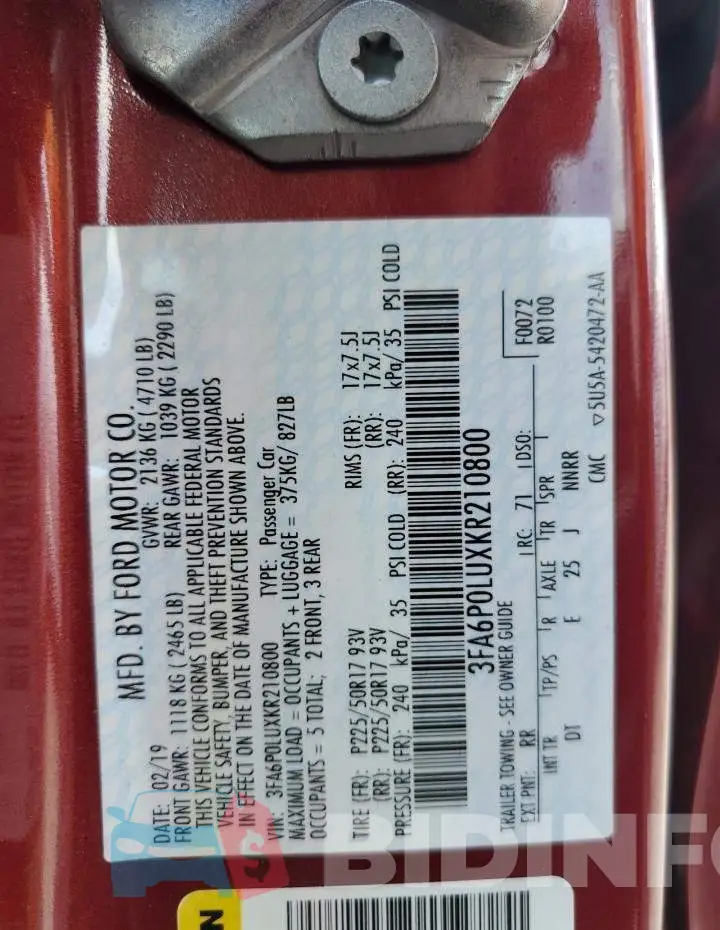 3FA6P0LUXKR210800 Photo# 12