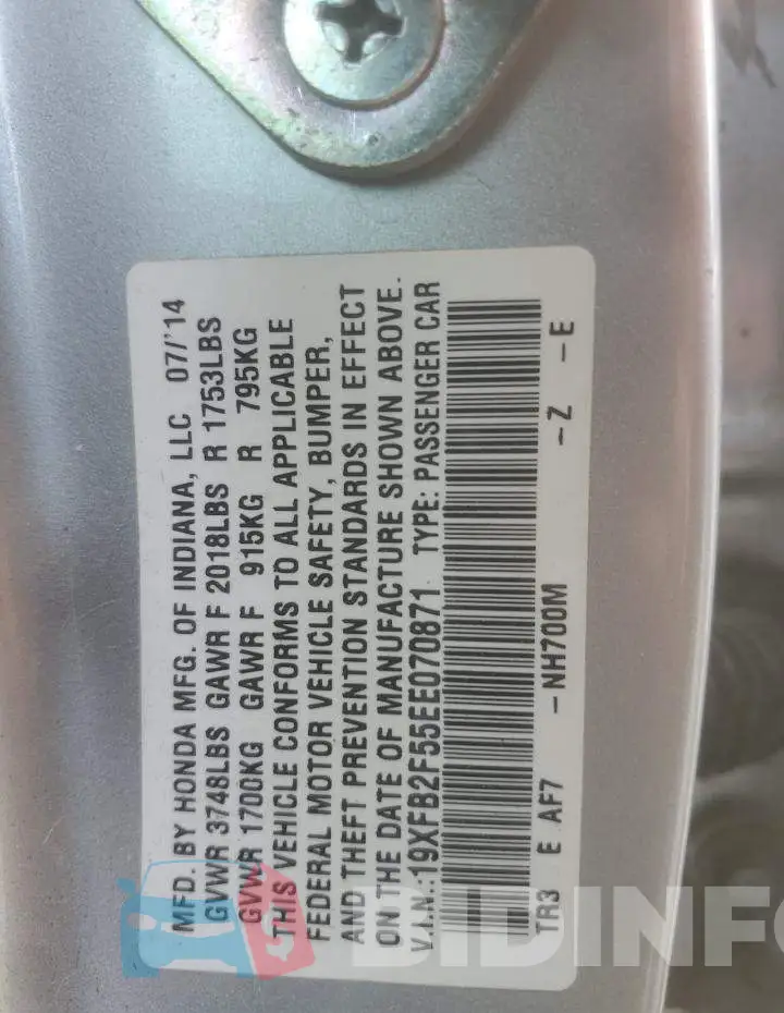 19XFB2F55EE070871 Photo# 12