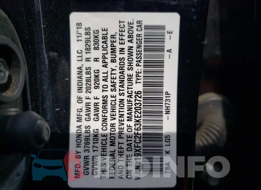19XFC2F63KE203726 Photo# 12