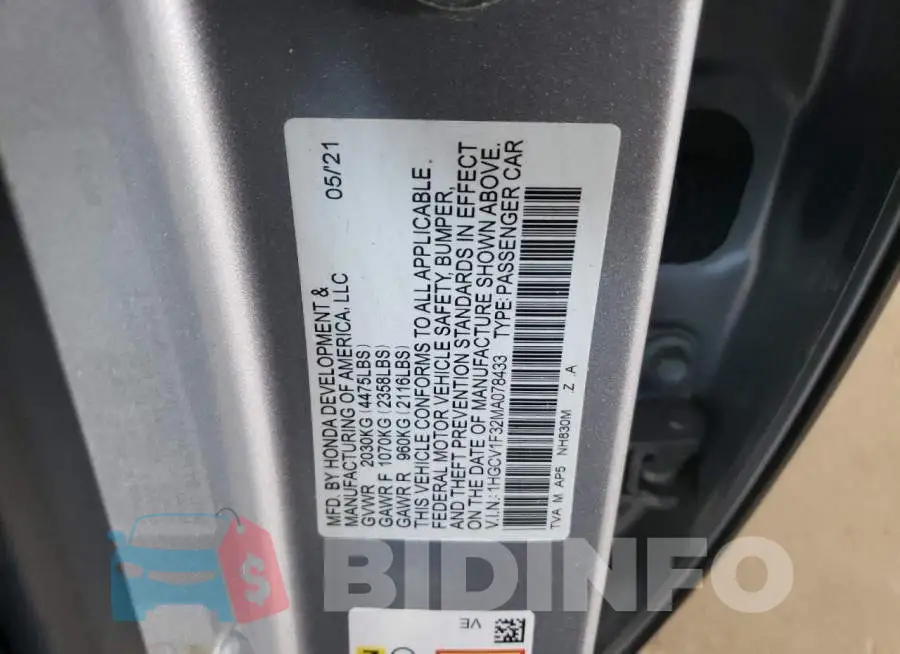 1HGCV1F32MA078433 Photo# 13
