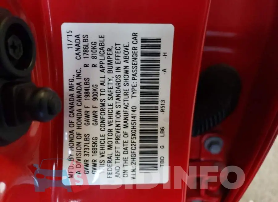 2HGFC2F5XGH514140 Photo# 12